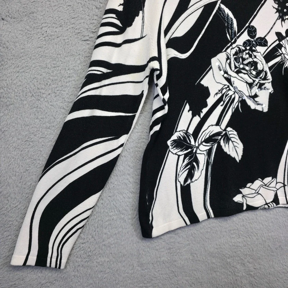 Pierri NY Sweater Womens M Black White‎ Floral Sequin Beaded Monochrome Elegant